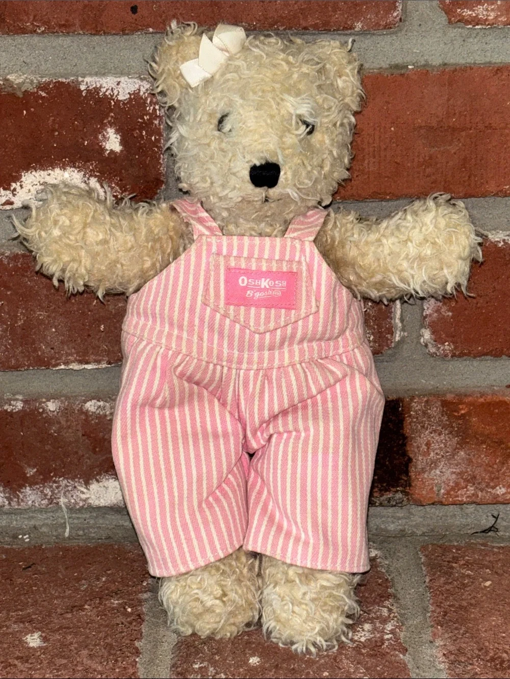 Vintage OshKosh B'gosh 11” Bear Pink & White Striped Overalls